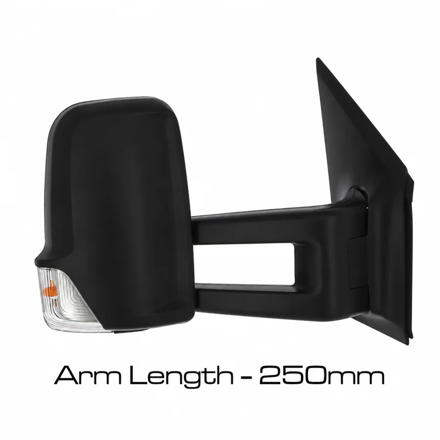 VW Crafter Right Complete Mirror Unit, Black (2006–2017) — With indicator; Long Arm - Arm Length 140mm