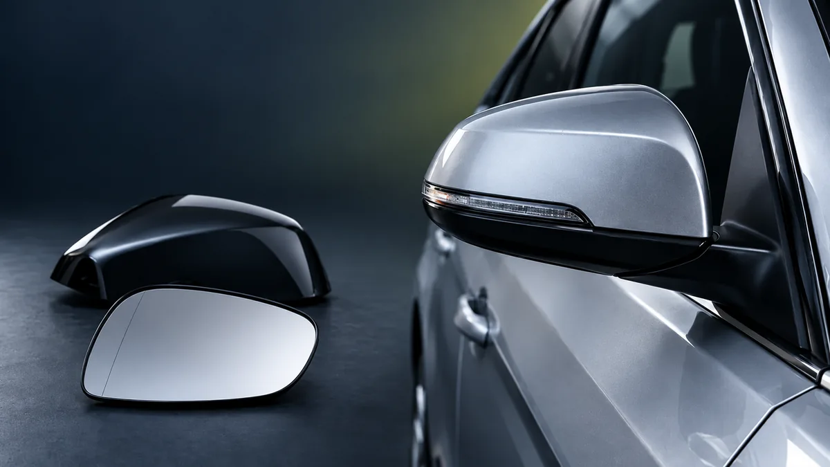 Complete wing mirror unit with integrated LED indicator, shown from the cover side and the glass side