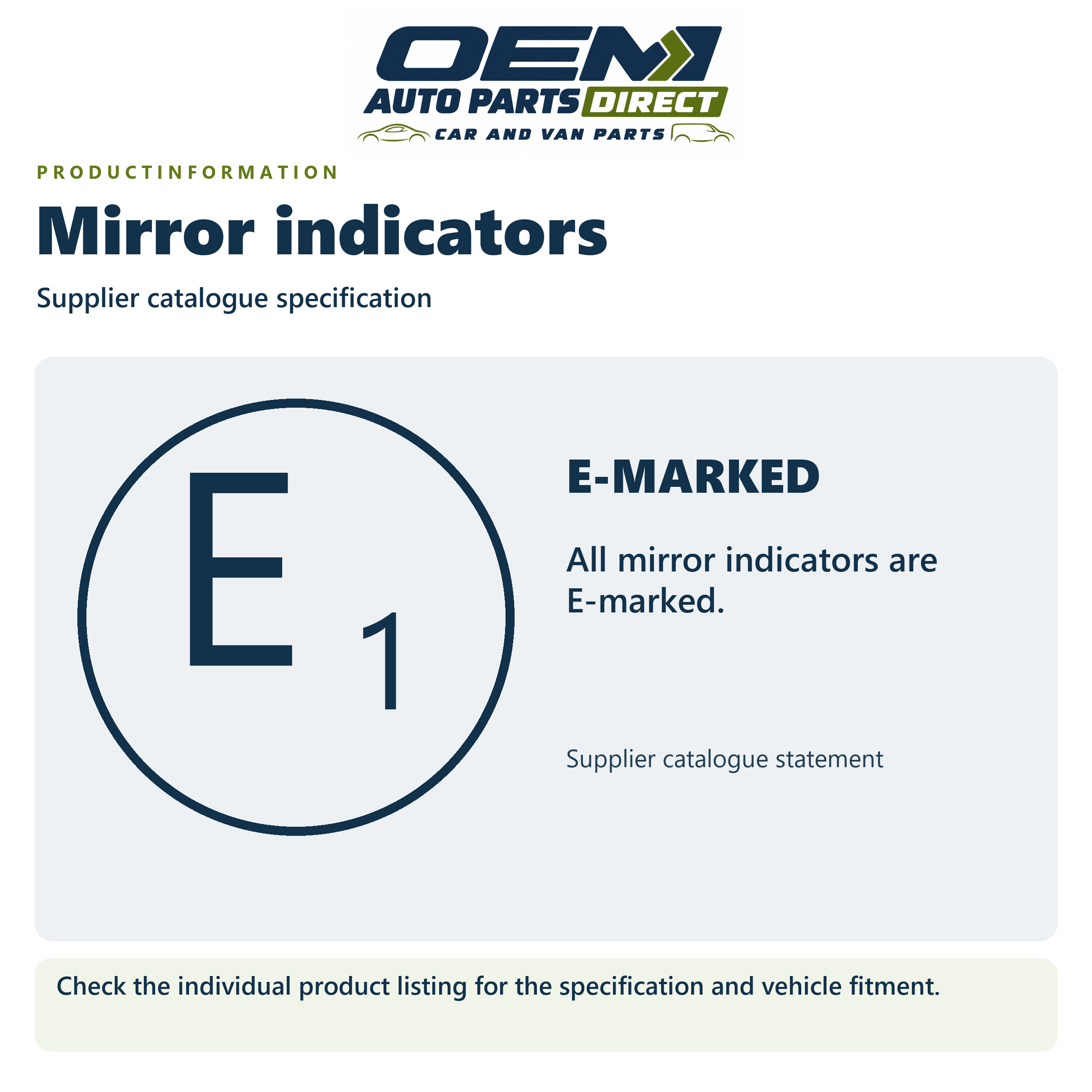 OEM Auto Parts Direct — Mirror indicators catalogue specification
